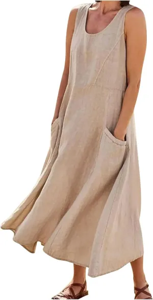 Plus Size Dresses for Curvy Women Summer Casual Sleeveless Cotton Sun Dress Maxi Tunic Tank Beach Dress with Pocket