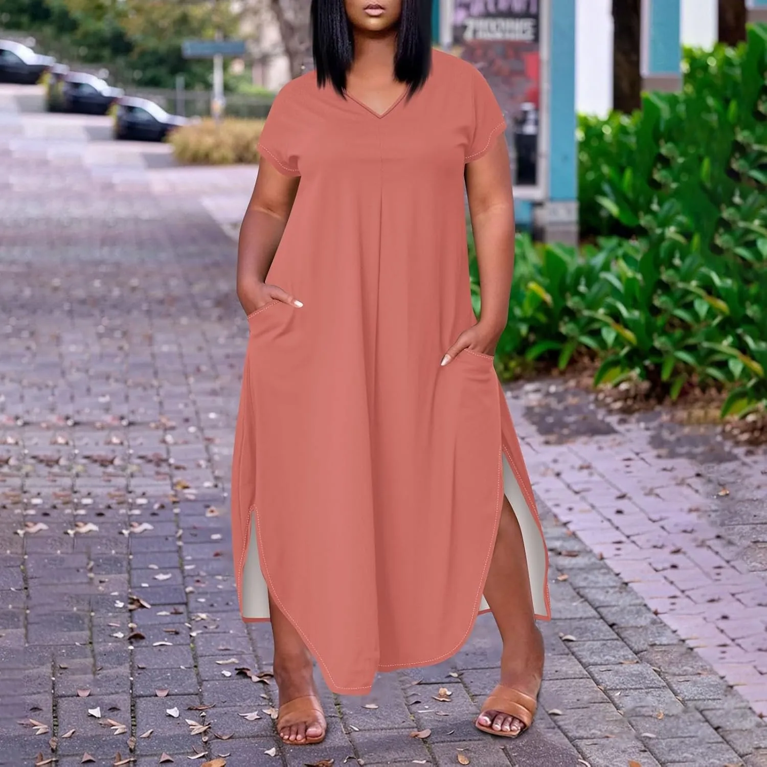 Plus Size Maxi Dress for Curvy Women Summer Casual Floral Print V Neck Pockets Beach Coverup Vacation Loose Sundress
