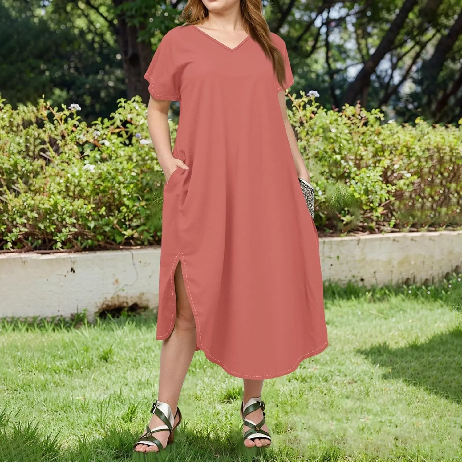 Plus Size Maxi Dress for Curvy Women Summer Casual Floral Print V Neck Pockets Beach Coverup Vacation Loose Sundress