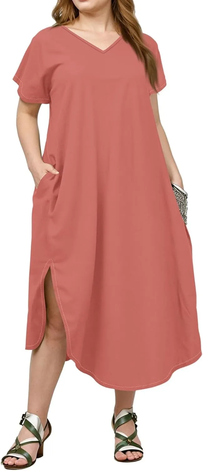 Plus Size Maxi Dress for Curvy Women Summer Casual Floral Print V Neck Pockets Beach Coverup Vacation Loose Sundress