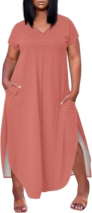 Plus Size Maxi Dress for Curvy Women Summer Casual Floral Print V Neck Pockets Beach Coverup Vacation Loose Sundress