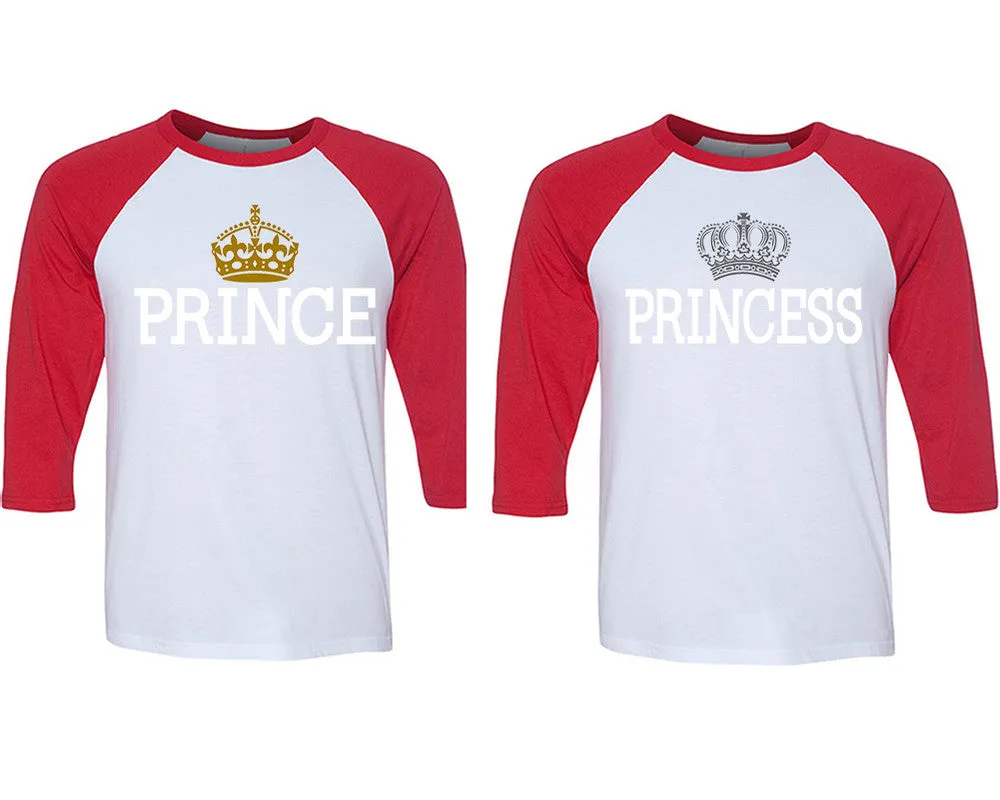 Prince & Princess Couple Matching Adult Contrast Raglan 3/4 Sleeve Baseball T-Shirts – Sold Separately in Unisex Sizes for Him & Her