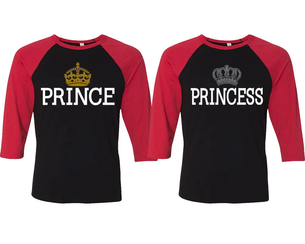 Prince & Princess Couple Matching Adult Contrast Raglan 3/4 Sleeve Baseball T-Shirts – Sold Separately in Unisex Sizes for Him & Her