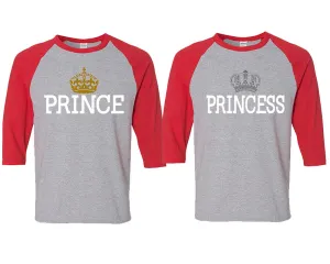 Prince & Princess Couple Matching Adult Contrast Raglan 3/4 Sleeve Baseball T-Shirts – Sold Separately in Unisex Sizes for Him & Her