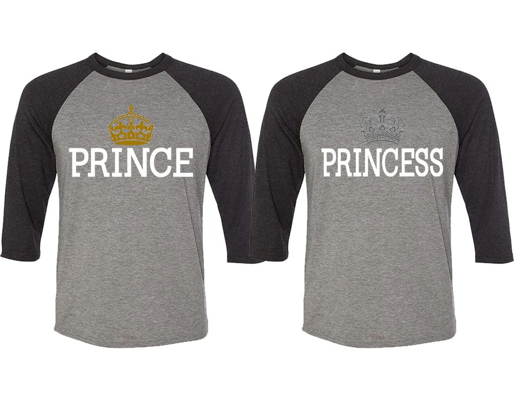 Prince & Princess Couple Matching Adult Contrast Raglan 3/4 Sleeve Baseball T-Shirts – Sold Separately in Unisex Sizes for Him & Her