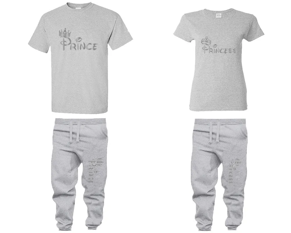 Prince & Princess Couple Matching T-Shirts & Jogger Pants – 4-Piece Set: Men’s and Women’s Styles Sold Separately in Silver Foil Design