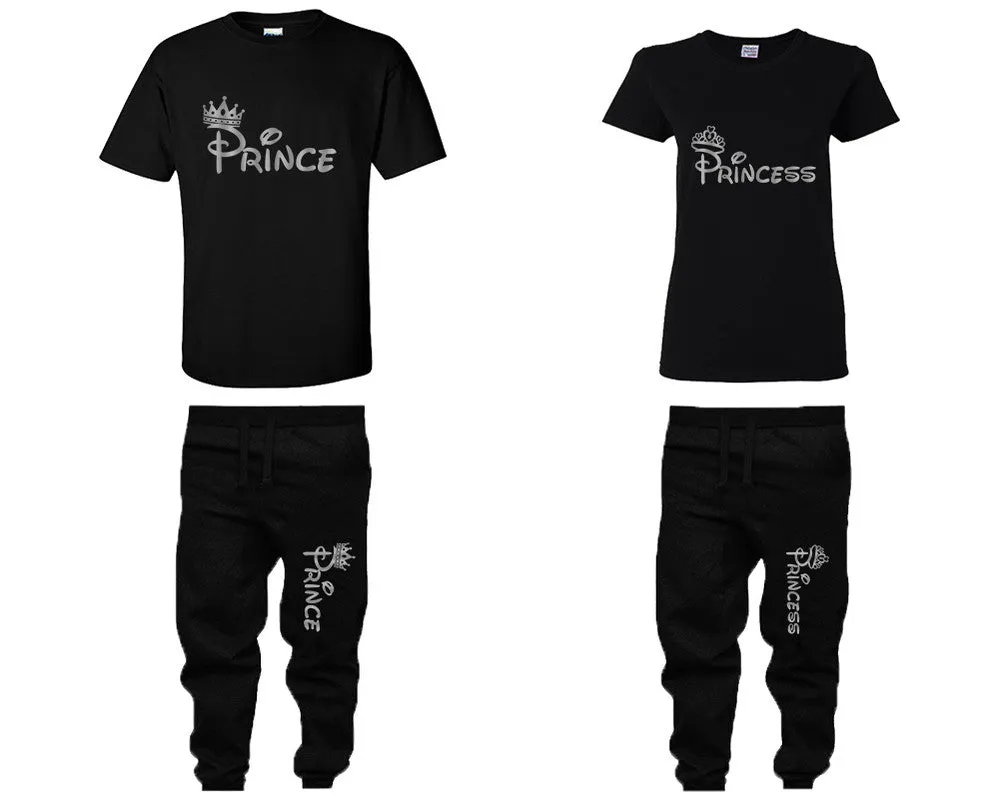 Prince & Princess Couple Matching T-Shirts & Jogger Pants – 4-Piece Set: Men’s and Women’s Styles Sold Separately in Silver Foil Design