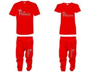 Prince & Princess Couple Matching T-Shirts & Jogger Pants – 4-Piece Set: Men’s and Women’s Styles Sold Separately in Silver Foil Design