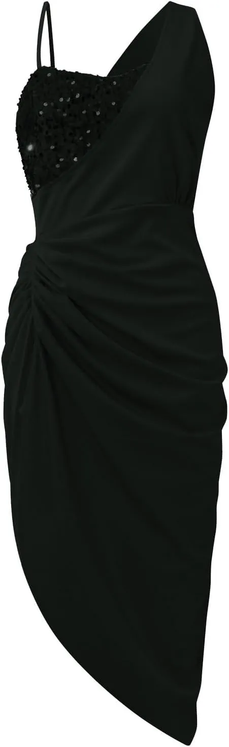 Prom Dresses for Women 2024 Sleeveless One Shoulder High Split Ruched Bodycon Cocktail Sequin Evening Party Midi Dress
