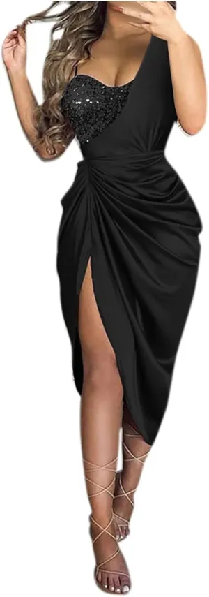 Prom Dresses for Women 2024 Sleeveless One Shoulder High Split Ruched Bodycon Cocktail Sequin Evening Party Midi Dress