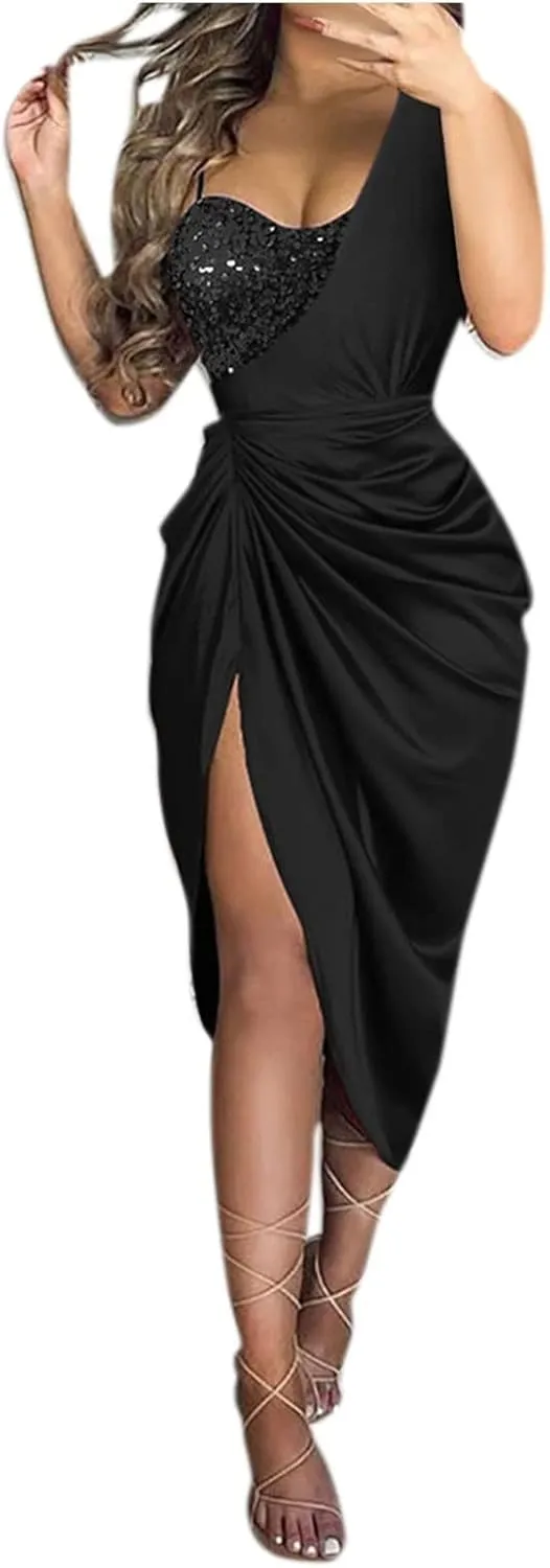 Prom Dresses for Women 2024 Sleeveless One Shoulder High Split Ruched Bodycon Cocktail Sequin Evening Party Midi Dress