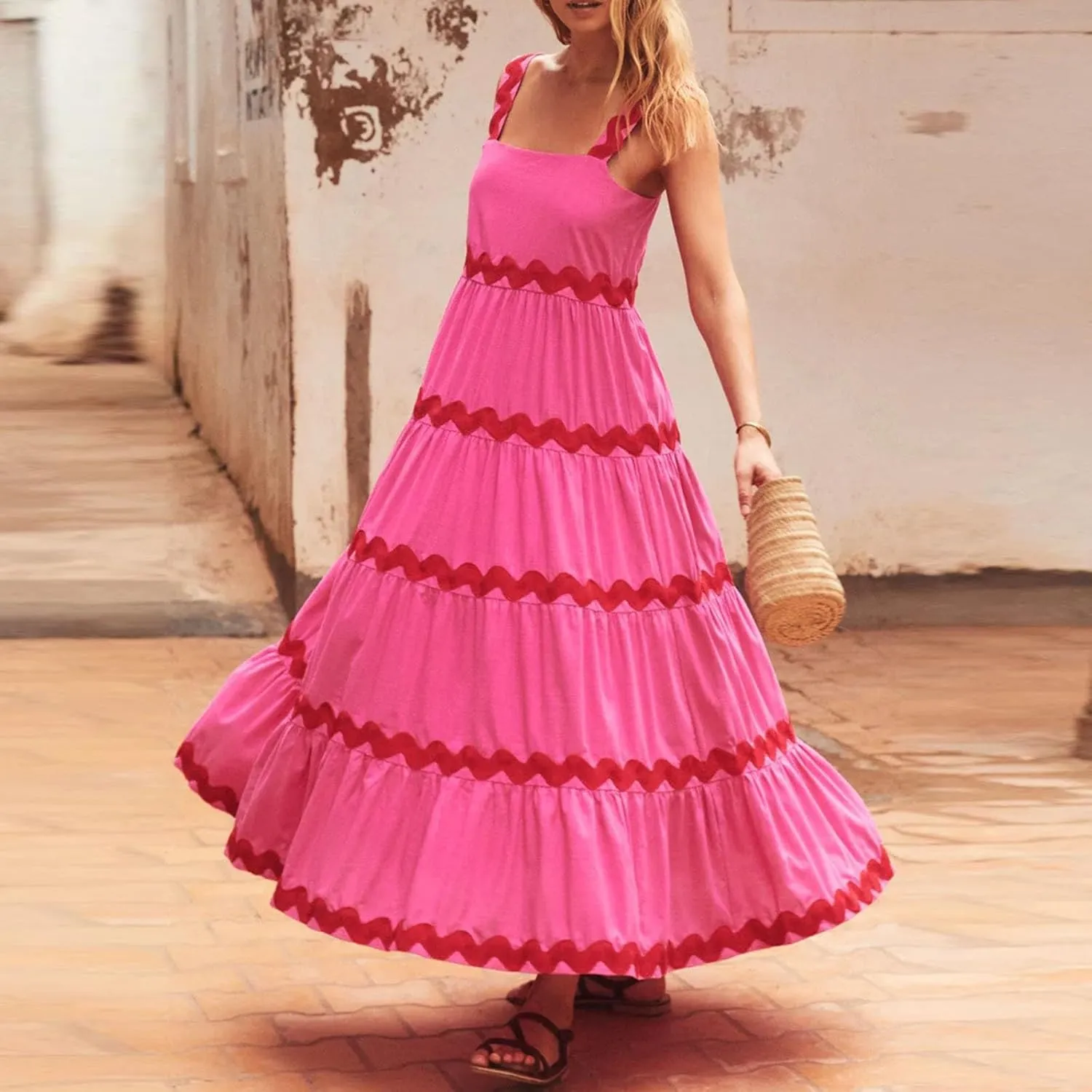 PTOLOCIF Long Dresses for Women Summer Boho Dress Stripe Print Spaghetti Strap Square Neck Shirred Maxi Dress Beach Sun Dress