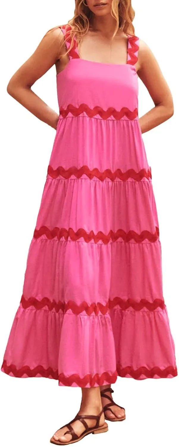 PTOLOCIF Long Dresses for Women Summer Boho Dress Stripe Print Spaghetti Strap Square Neck Shirred Maxi Dress Beach Sun Dress