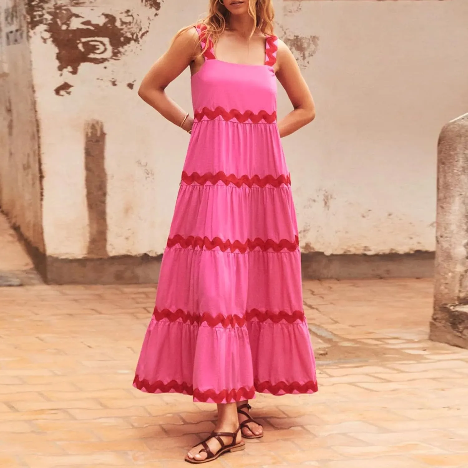 PTOLOCIF Long Dresses for Women Summer Boho Dress Stripe Print Spaghetti Strap Square Neck Shirred Maxi Dress Beach Sun Dress