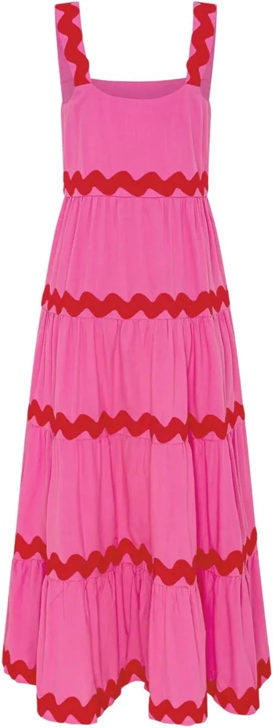 PTOLOCIF Long Dresses for Women Summer Boho Dress Stripe Print Spaghetti Strap Square Neck Shirred Maxi Dress Beach Sun Dress