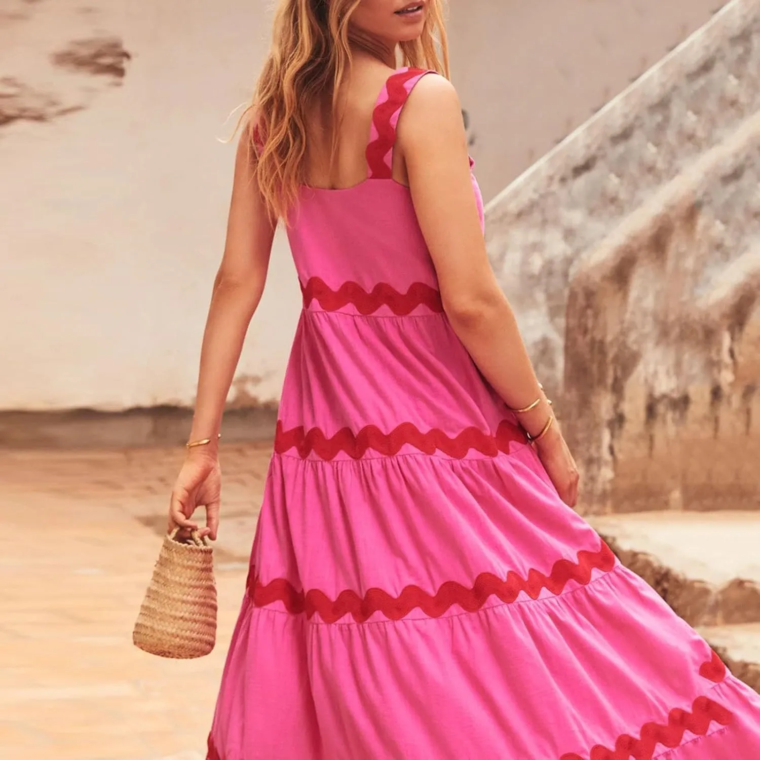 PTOLOCIF Long Dresses for Women Summer Boho Dress Stripe Print Spaghetti Strap Square Neck Shirred Maxi Dress Beach Sun Dress