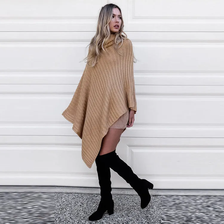 Pure Color Irregular Long Sleeves High Neck Regular Sweater