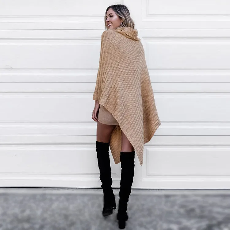 Pure Color Irregular Long Sleeves High Neck Regular Sweater