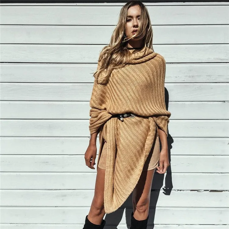 Pure Color Irregular Long Sleeves High Neck Regular Sweater