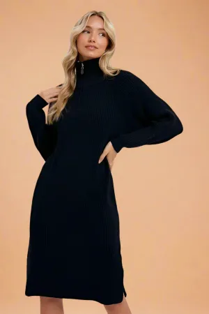 Quarter Zip Midi Sweater Dress - Black