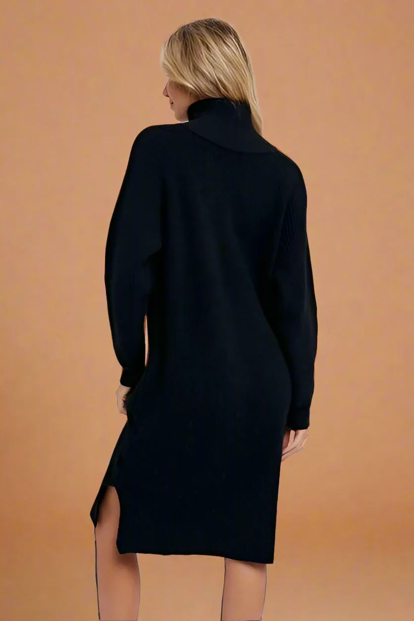 Quarter Zip Midi Sweater Dress - Black