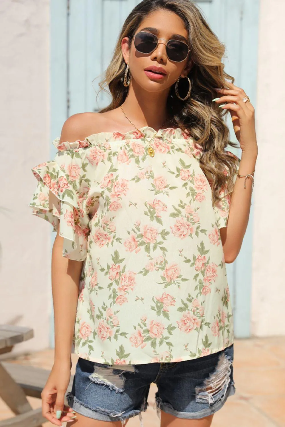 Ray Of Sunshine Ruffle Floral Off Shoulder Blouse