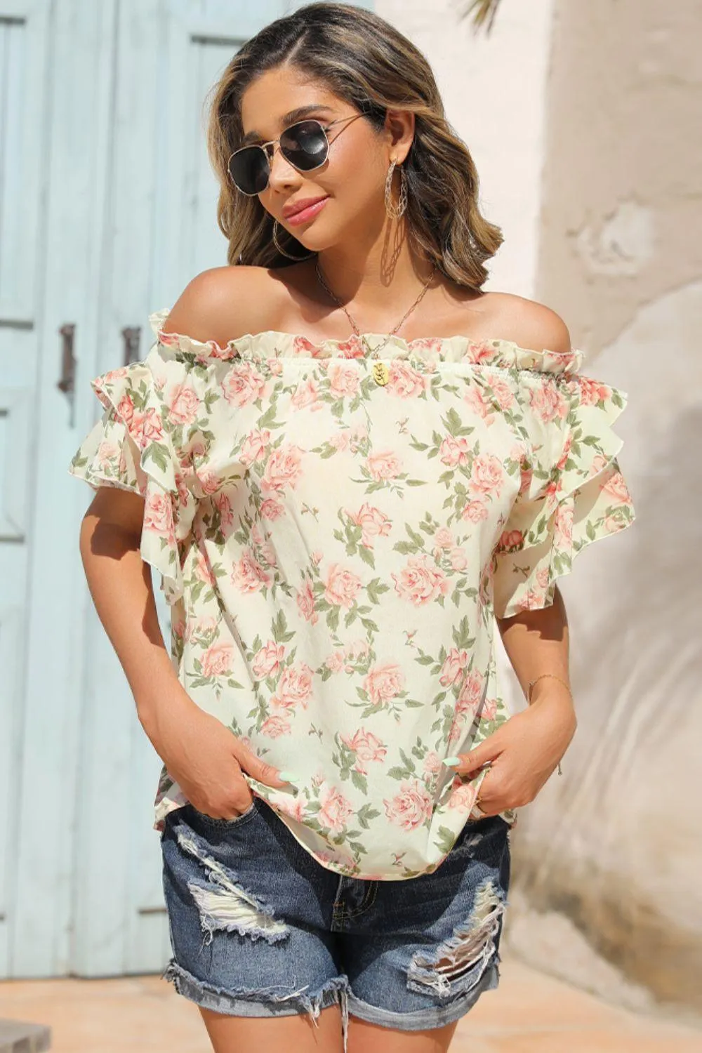 Ray Of Sunshine Ruffle Floral Off Shoulder Blouse