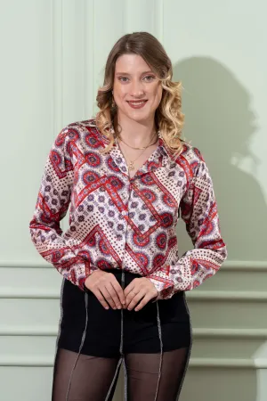 Red Libral Vintage Satin Shirt
