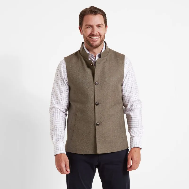 Schoffel Berwick Nehru Mens Tweed Waistcoat - Loden Green Herringbone Tweed