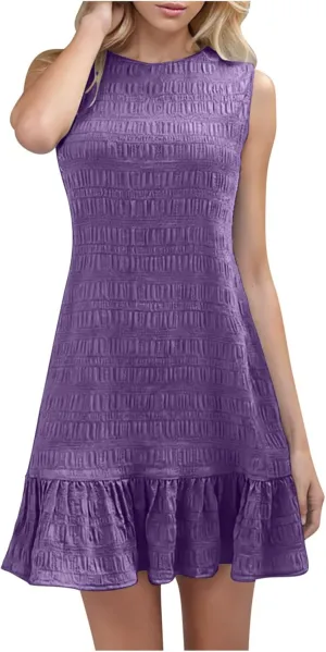 Sleeveless Tank Dresses for Women Summer Ruffle Hem Sundress Casual Mini Dress Solid Color Round Neck Dress 2025