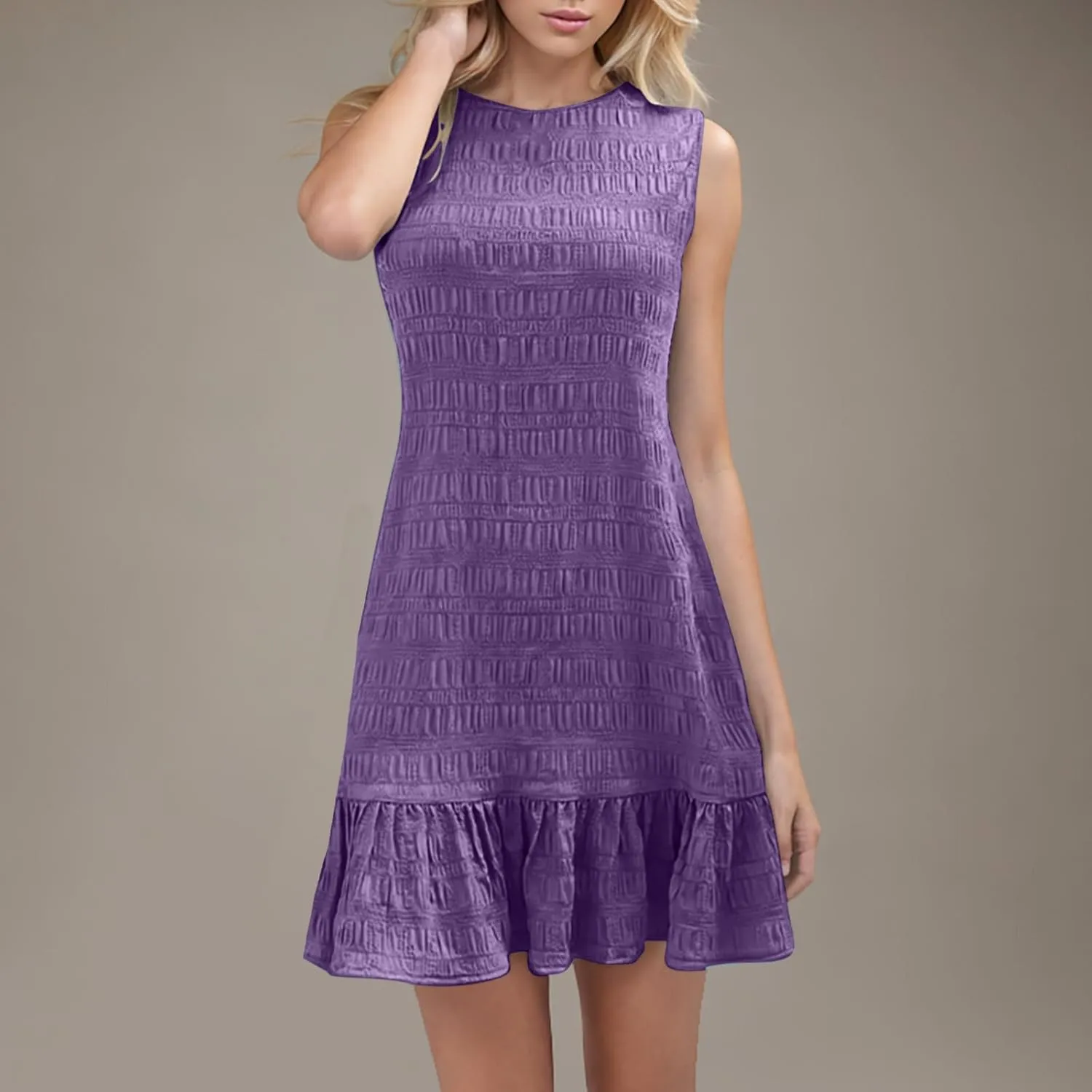 Sleeveless Tank Dresses for Women Summer Ruffle Hem Sundress Casual Mini Dress Solid Color Round Neck Dress 2025
