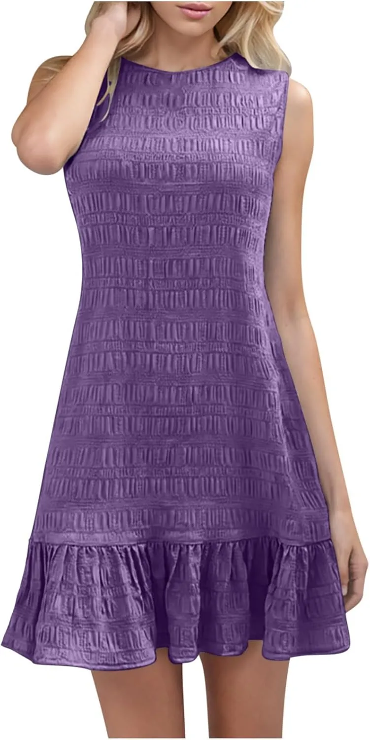 Sleeveless Tank Dresses for Women Summer Ruffle Hem Sundress Casual Mini Dress Solid Color Round Neck Dress 2025