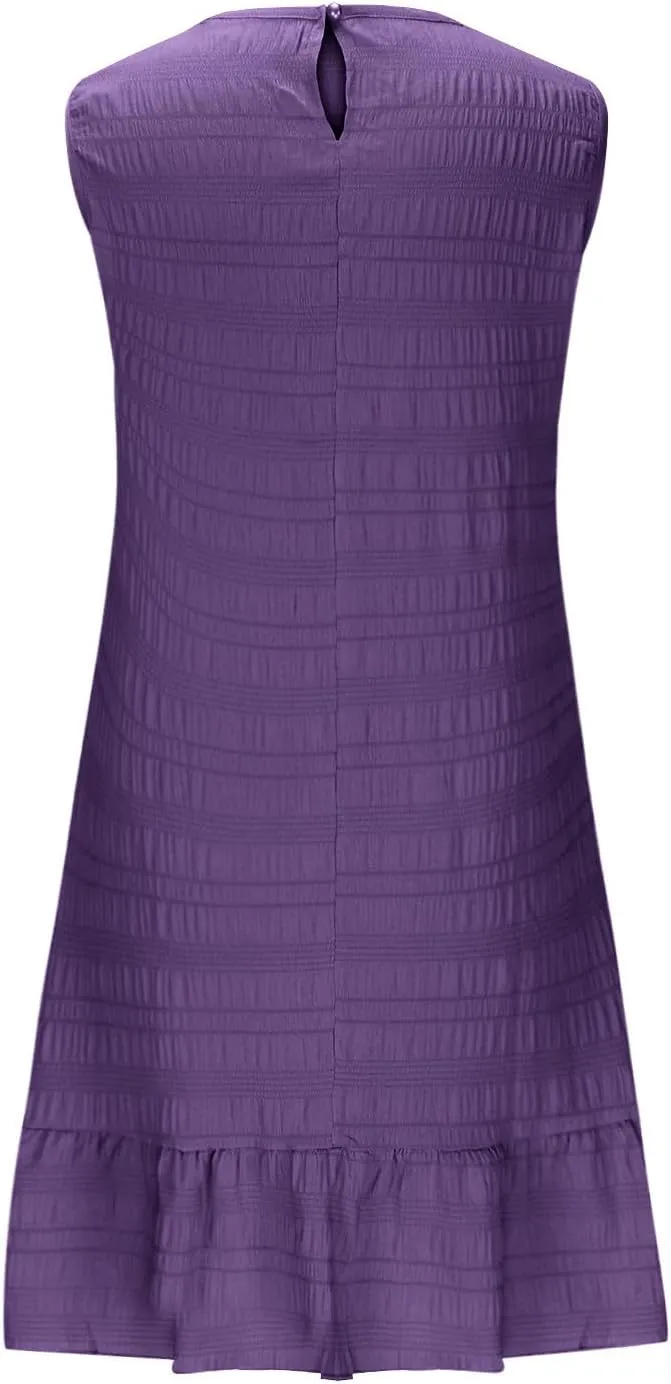 Sleeveless Tank Dresses for Women Summer Ruffle Hem Sundress Casual Mini Dress Solid Color Round Neck Dress 2025