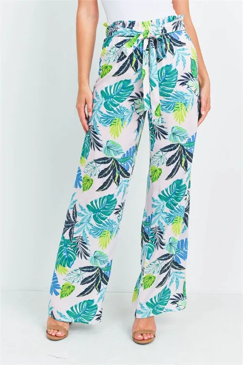 Soft Pink Tropical Print Wide Leg Pants