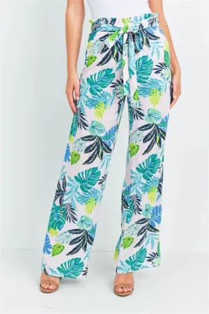 Soft Pink Tropical Print Wide Leg Pants