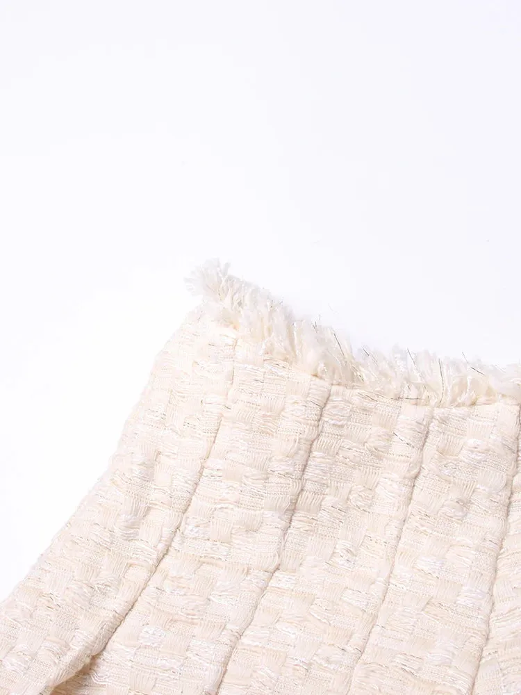 Solid Pleated Mini Skirts For Women High Waist Patchwork Tassel Hem Elegant Temperament Skirt Female Fashion