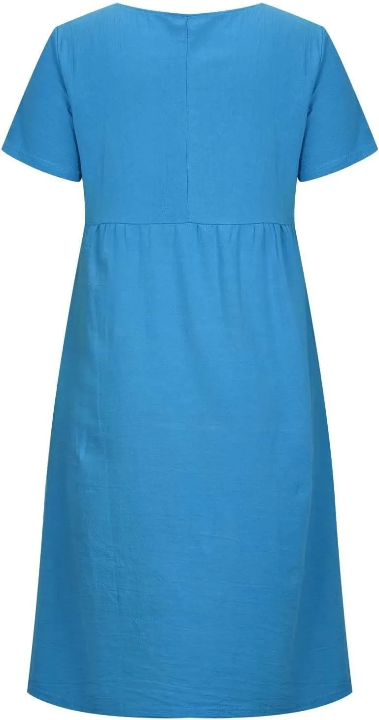 Summer Beach Dresses for Women 2025 Short Sleeve Cotton Linen Midi Dress Flowy A Line Dresses Shirt Dress with Pocket