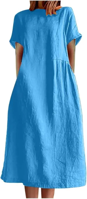 Summer Beach Dresses for Women 2025 Short Sleeve Cotton Linen Midi Dress Flowy A Line Dresses Shirt Dress with Pocket