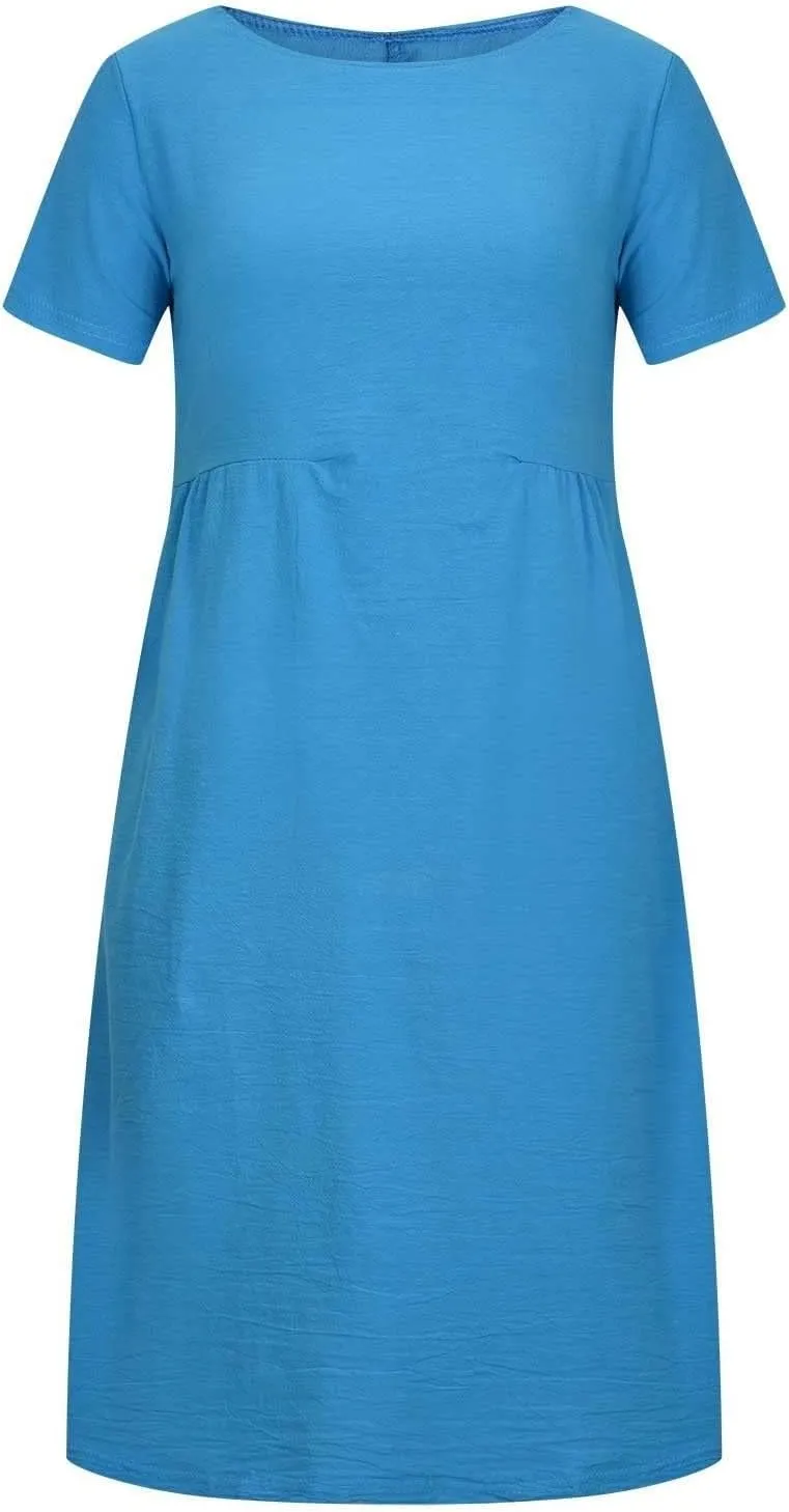 Summer Beach Dresses for Women 2025 Short Sleeve Cotton Linen Midi Dress Flowy A Line Dresses Shirt Dress with Pocket