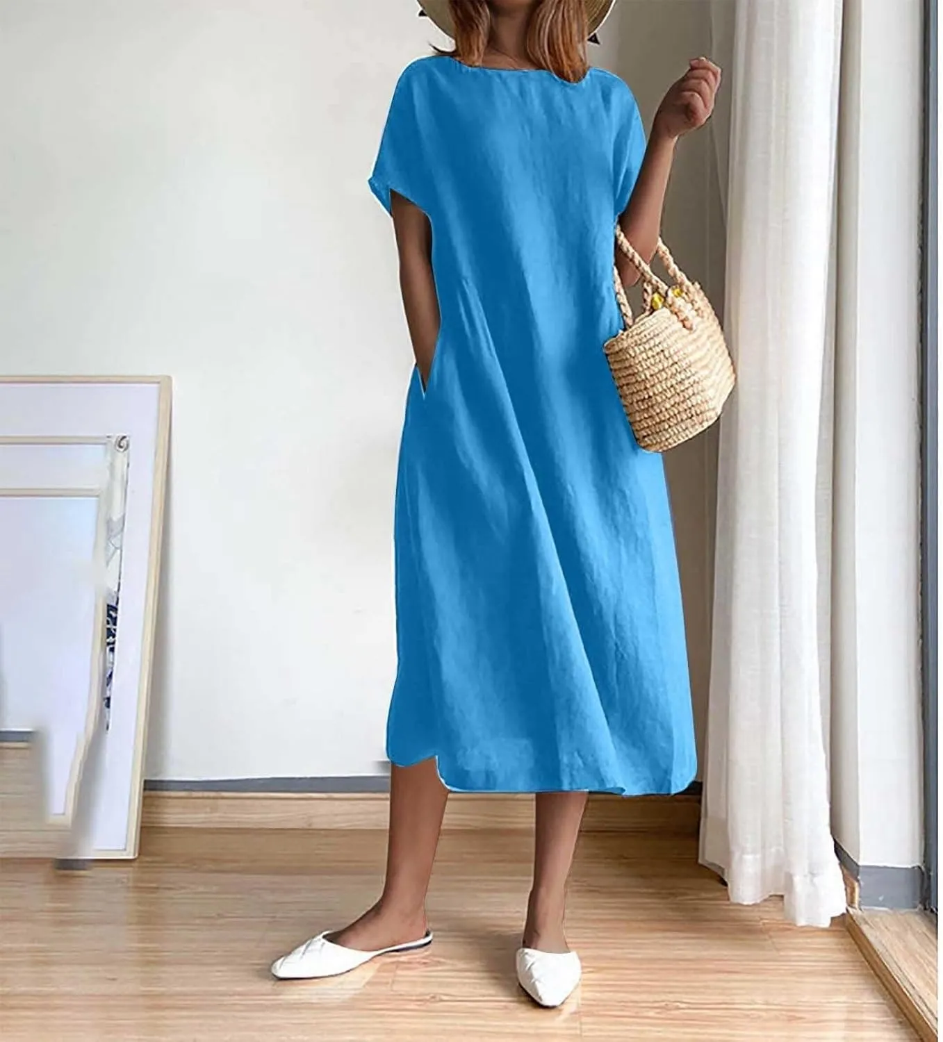 Summer Beach Dresses for Women 2025 Short Sleeve Cotton Linen Midi Dress Flowy A Line Dresses Shirt Dress with Pocket