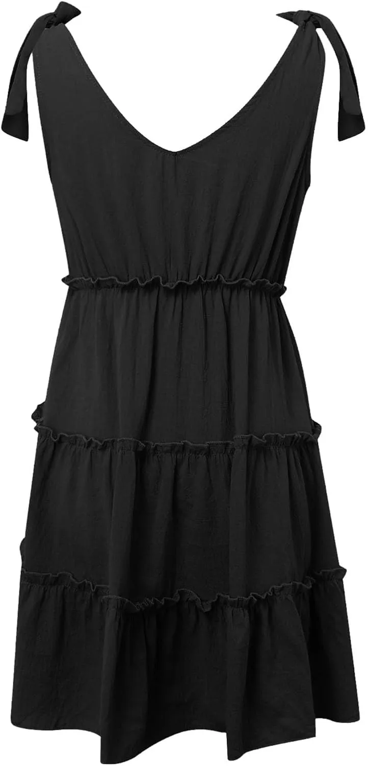 Summer Casual Dresses for Women 2025 V Neck Tank Dress Sleeveless Tie Shoulder Tiered Flowy Beach Mini Sundress