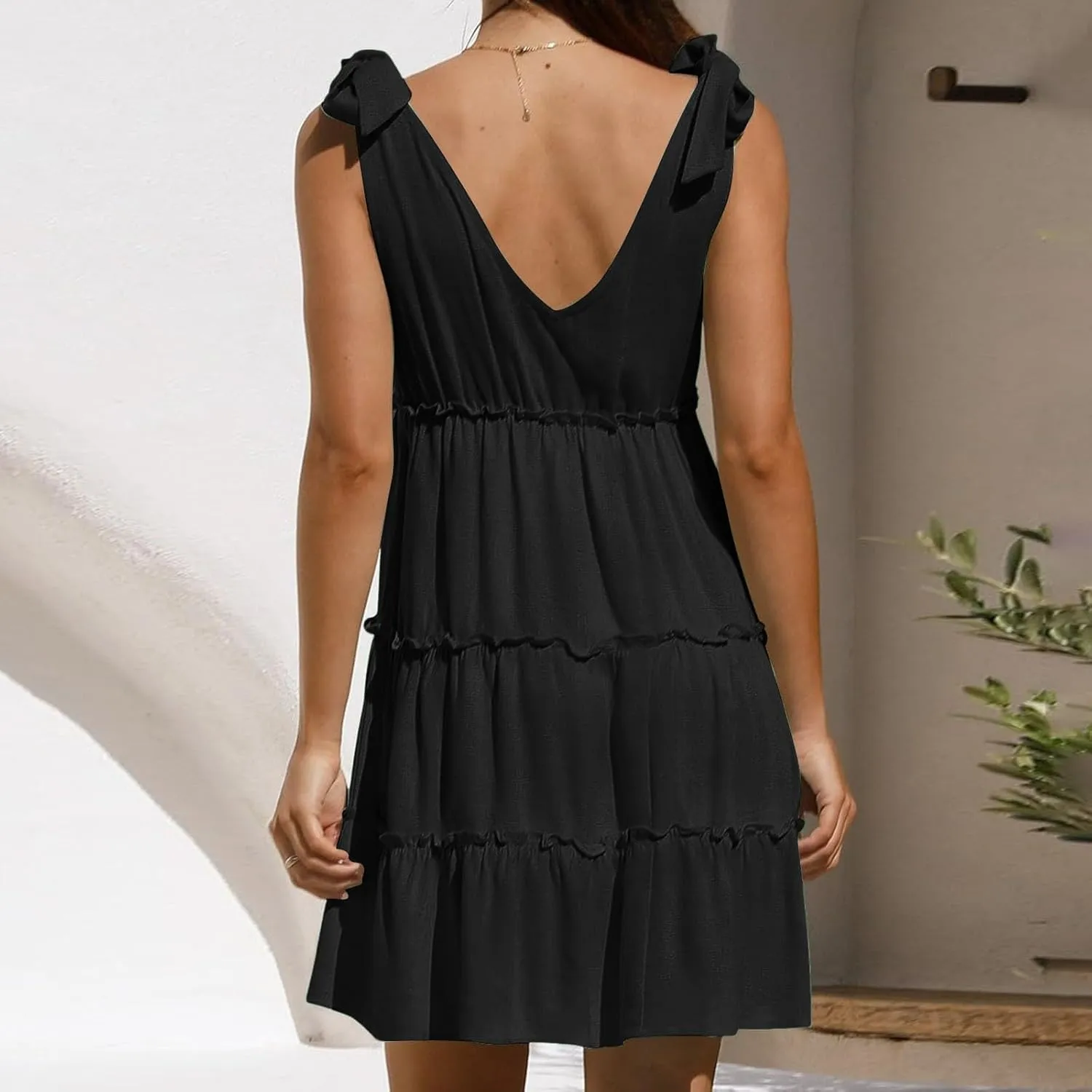 Summer Casual Dresses for Women 2025 V Neck Tank Dress Sleeveless Tie Shoulder Tiered Flowy Beach Mini Sundress