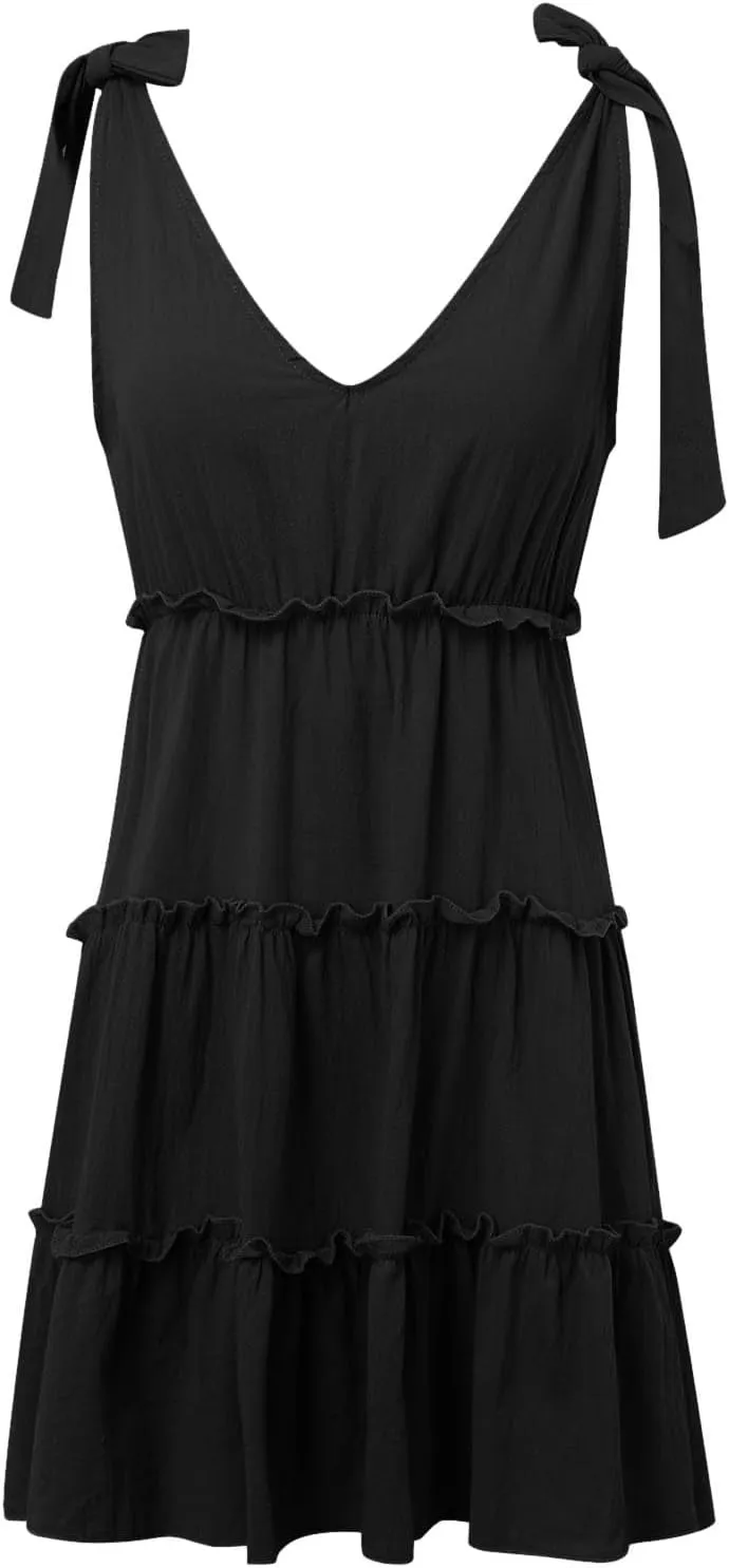 Summer Casual Dresses for Women 2025 V Neck Tank Dress Sleeveless Tie Shoulder Tiered Flowy Beach Mini Sundress