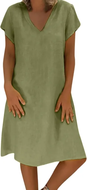 Summer Cotton Linen Dresses Women 2025 Casual Solid V Neck Short Sleeve Dress Slim Beach Vacation Knee Length Dresses