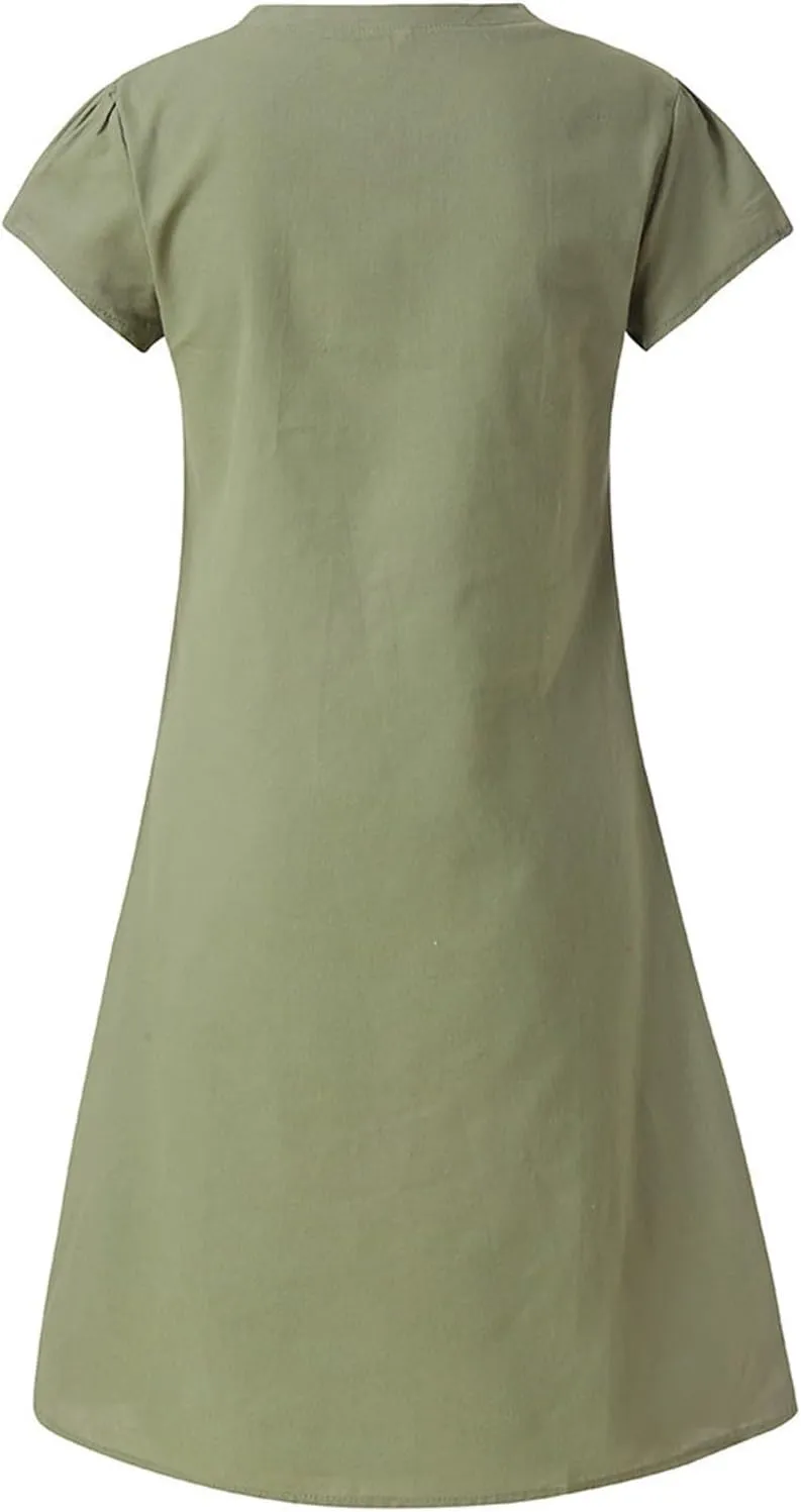 Summer Cotton Linen Dresses Women 2025 Casual Solid V Neck Short Sleeve Dress Slim Beach Vacation Knee Length Dresses