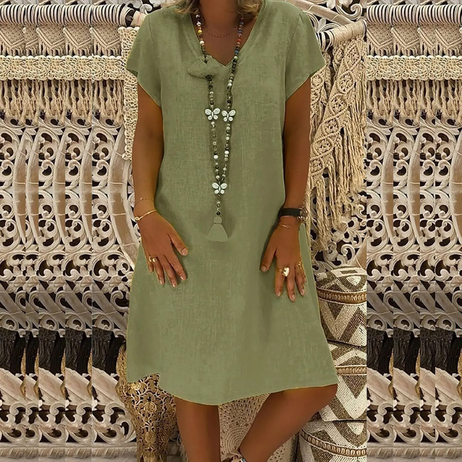 Summer Cotton Linen Dresses Women 2025 Casual Solid V Neck Short Sleeve Dress Slim Beach Vacation Knee Length Dresses