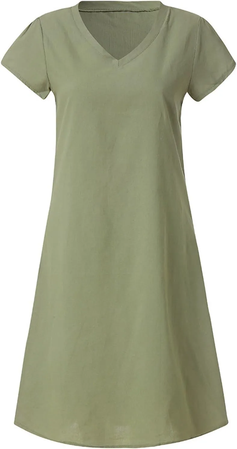 Summer Cotton Linen Dresses Women 2025 Casual Solid V Neck Short Sleeve Dress Slim Beach Vacation Knee Length Dresses
