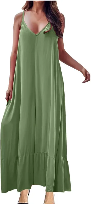 Summer Dresses for Women 2024 Trendy Halter, Sleeveless Casual V Neck Ruffle Dresses, Lightweight Floral Boho Dress
