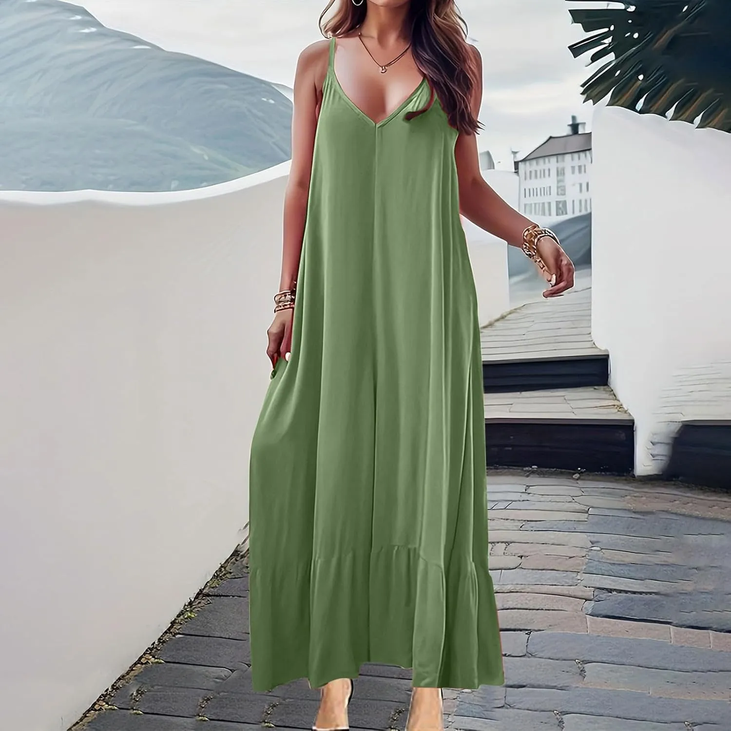 Summer Dresses for Women 2024 Trendy Halter, Sleeveless Casual V Neck Ruffle Dresses, Lightweight Floral Boho Dress