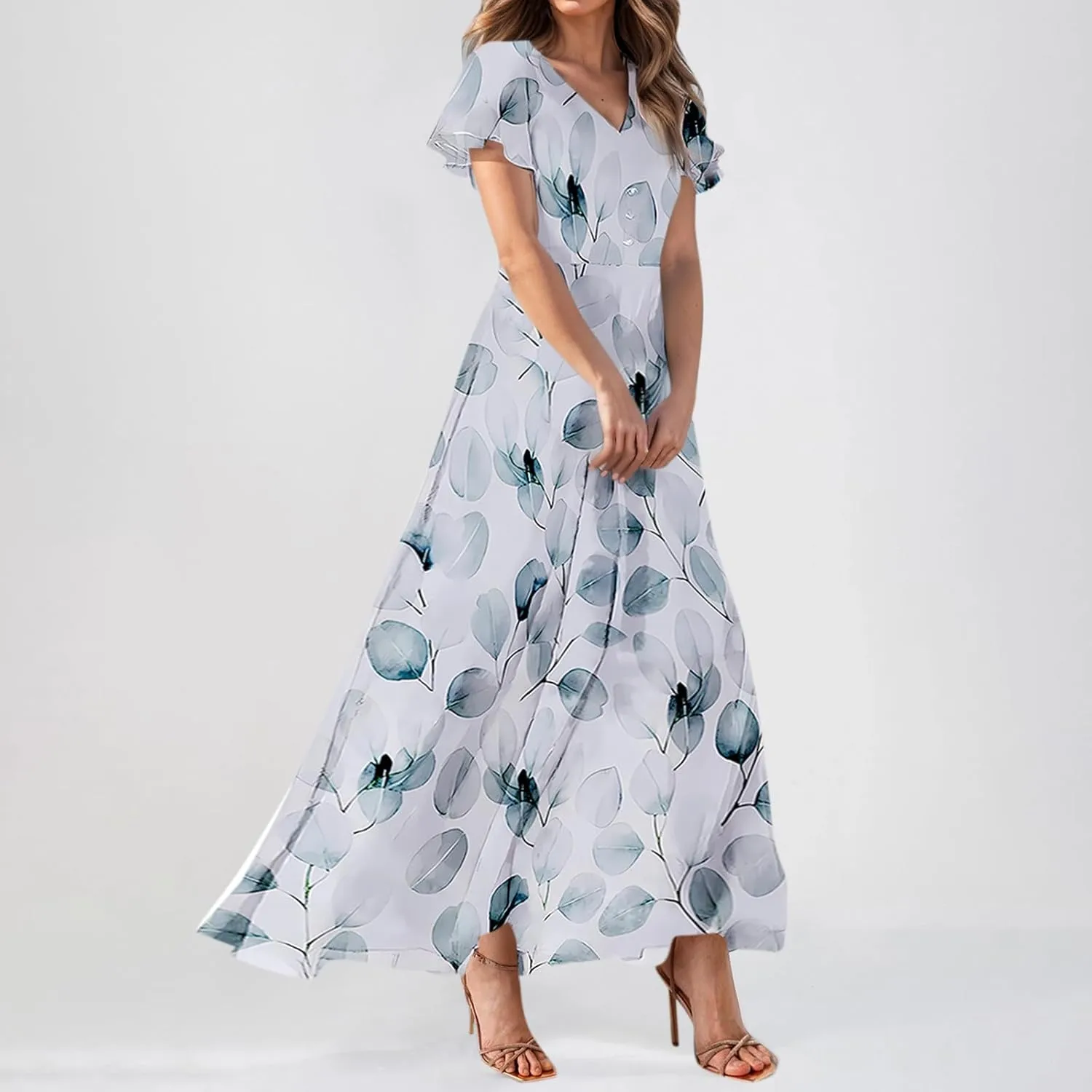 Summer Dresses for Women Highwaisted Flowy Maxi Dress Chiffon Ruffle Sleeve Boho Floral Dresses Western Wedding Dress